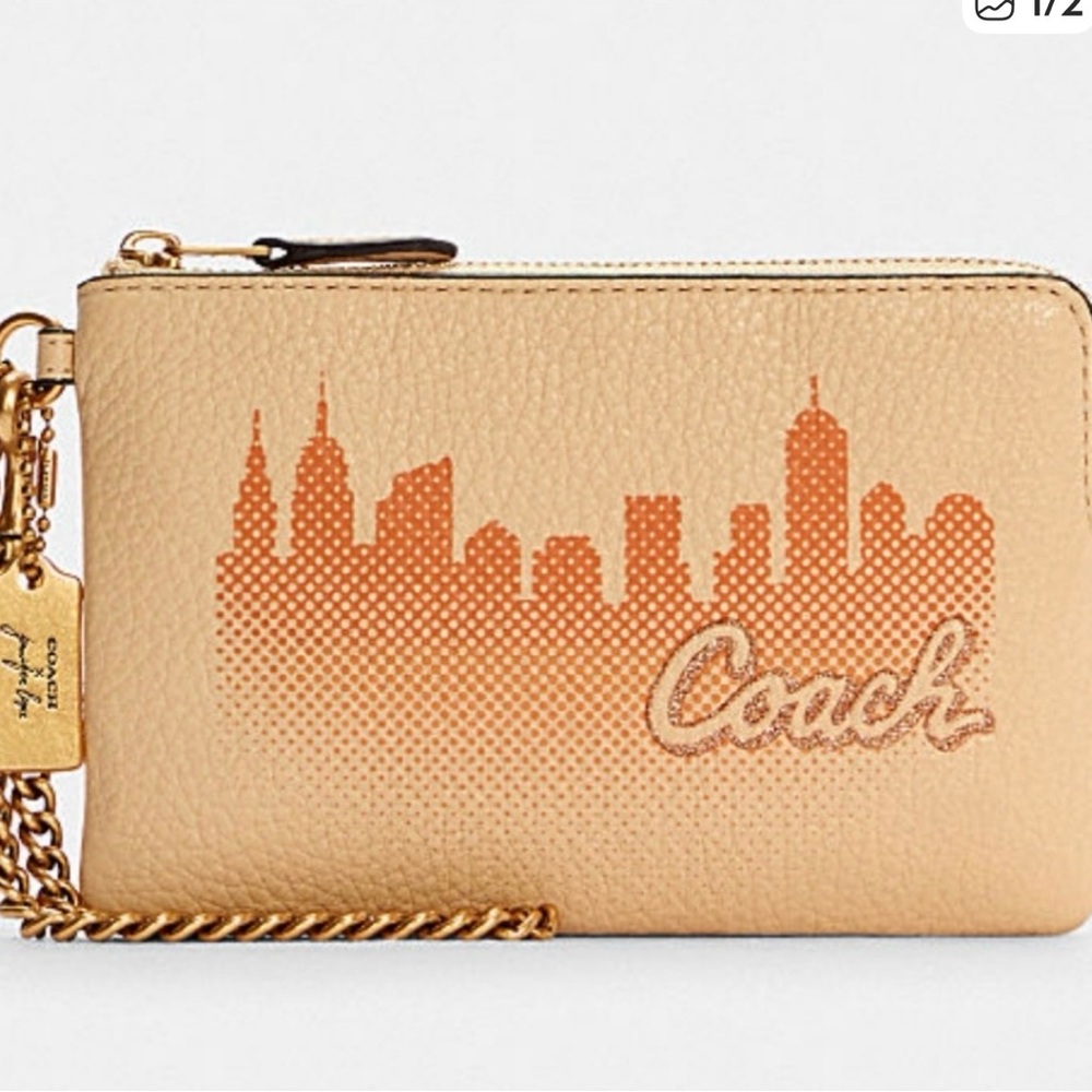 COACH Beige Leather Wristlet with Orange City Skyline Print - NEW